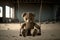 Lonely abandoned old teddy bear on swing with rusty chains