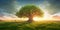 Lonely ancient oak tree on a hill amidst a panorama of lush green grasslands at sunrise. Generative AI illustration