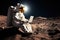 Lonely astronaut using laptop sitting on moon. generative ai