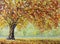 Lonely autumn tree, fallen leaves, clouds, painting