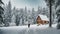 Lonely backpacker arriving to a hiden in deep snowy forest hut to spend there time. A Lone backpacker\\\'s retreat