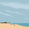 Lonely beach with a person in the middle. Minimalist landscape. Vector illustration, flat design