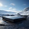 Lonely black stone slab, stands alone on snowy white expanse, minimalist elegance