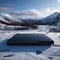 Lonely black stone slab, stands alone on snowy white expanse, minimalist elegance