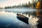 A lonely boat rest on tranquil and glassy lake with beautiful and colorful landscape with Fall foliage.