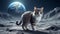 Lonely brave cat walks on the moon, space cat