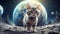 Lonely brave cat walks on the moon, space cat