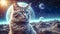 Lonely brave cat walks on the moon, space cat