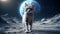 Lonely brave cat walks on the moon, space cat