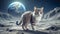 Lonely brave cat walks on the moon, space cat