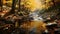 Lonely canal among golden maple trees in autumn