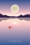 Lonely canoeing adventure with orange boat at night with full moon romantic landscape