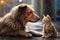 Lonely Cat and Dog Sitting Together During Rain Outside