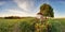 Lonely chapel in farm fields in spring day