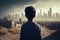 Lonely Child Gazing at Abandoned Middle Eastern City in Hopelessness, AI Generated