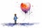 Lonely Child With Symbolic Red Balloon in The Shape of Heart Watercolor Painting