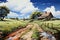 Lonely country house in a meadow by a dirt road. Illustration of a rural scene