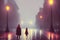 Lonely couple walking in the rain. City streets on a rainy night. Street lights reflected on wet asphalt. Concept of