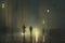 Lonely couple walking in the rain. City streets on a rainy night. Street lights reflected on wet asphalt. Concept of