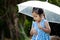 Lonely cute asian little girl with umbrella in rain