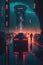 lonely cyberpunk neon highway tangled with vehicles digital art poster AI generation