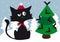 Lonely cynical black cat with red scarf and red santa cap celebrating Christmas using halloween scary bats