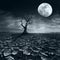 Lonely dead tree at full moon night under dramatic cloudy sky