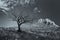 Lonely dead tree with mountain rocks in the background