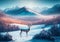 Lonely deer in the winter landscape at sunrise.  Generative Al Illustration