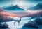 Lonely deer in the winter landscape at sunrise.  Generative Al Illustration