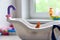 Lonely doll toy drowning in the water in the bathroom, children, danger, hand