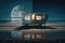 lonely double exposure of boat against background of moonlit ocean outside romantic beach hut