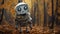 Lonely Educational Robot In The Woods With Autumnal Leaves