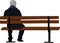 Lonely elderly person with the stick sitting on it wooden bench