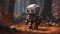Lonely Exploration Robot In Autumn Forest With Soft Brushstroke Realism