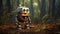 Lonely Exploration Robot In Orange Outfit Standing In Woods