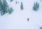 Lonely female trekker dressed red jacket with trekking poles walking by snowy slope flying drone aerial shot with fir-trees