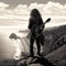 Lonely figure of a man on a cliff by the sea with guitar. Generative AI