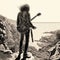 Lonely figure of a man on a cliff by the sea with guitar. Generative AI