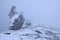 Lonely figure in winter mountains at snowstorm