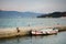 Lonely fishing boat in marina of Porto Venere town, a part of the Italian Riviera, Italy