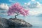 A Lonely Flowering Tree on A Rock, A Picturesque View, A Beautiful Meditative Landscape, Copy Space