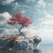 A Lonely Flowering Tree on A Rock, A Picturesque View, A Beautiful Meditative Landscape, Copy Space