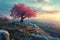 A Lonely Flowering Tree on A Rock, A Picturesque View, A Beautiful Meditative Landscape, Copy Space