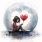 A lonely girl holding a balloon in the shape of a red heart on a light background sadness. Heart as a s of affection and love