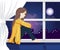 Lonely Girl Look Out the Window on The Night Vector Illustration