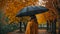 Lonely girl stands nature autumn park, rain leaves october lifestyle september season