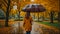 Lonely girl stands outdoor autumn park, rain leaves october lifestyle september season