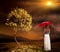 Lonely girl with umbrella near autumn tree in park outdoor.