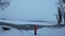 A lonely happy woman wearing a red jacket is approaching a scenic half-frozen lake during Christmas with snowy weather